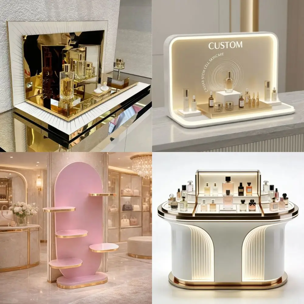 Luxury custom cosmetic display collection including LED countertop perfume stands, pink gold freestanding arched shelving and branded backlit POS fixtures