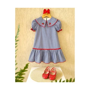 Customized Design Checkered Blue Summer Dress for Girls Smoked Cherry Embroidered Party Dress Age Group Children