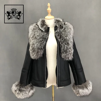 Women Short Style Fur Coats Double Face Lamb Real Leather Jacket with white fox Fur or raccoon fur Coat