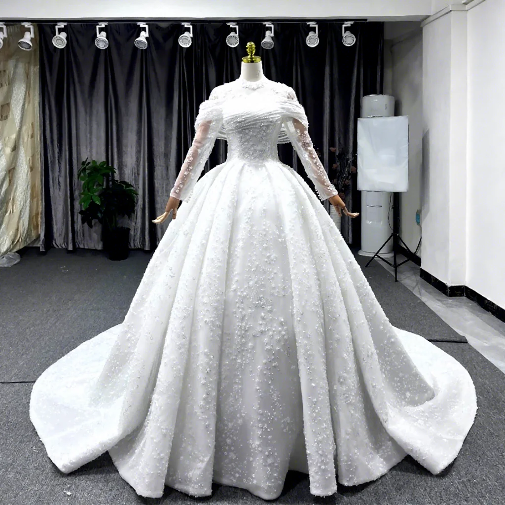 Luxury 3D Flower Muslim Fluffy Wedding Bridal Gowns Dresses Long Sleeves  Shiny Glitter Evening Prom Ball Gown Lsch02