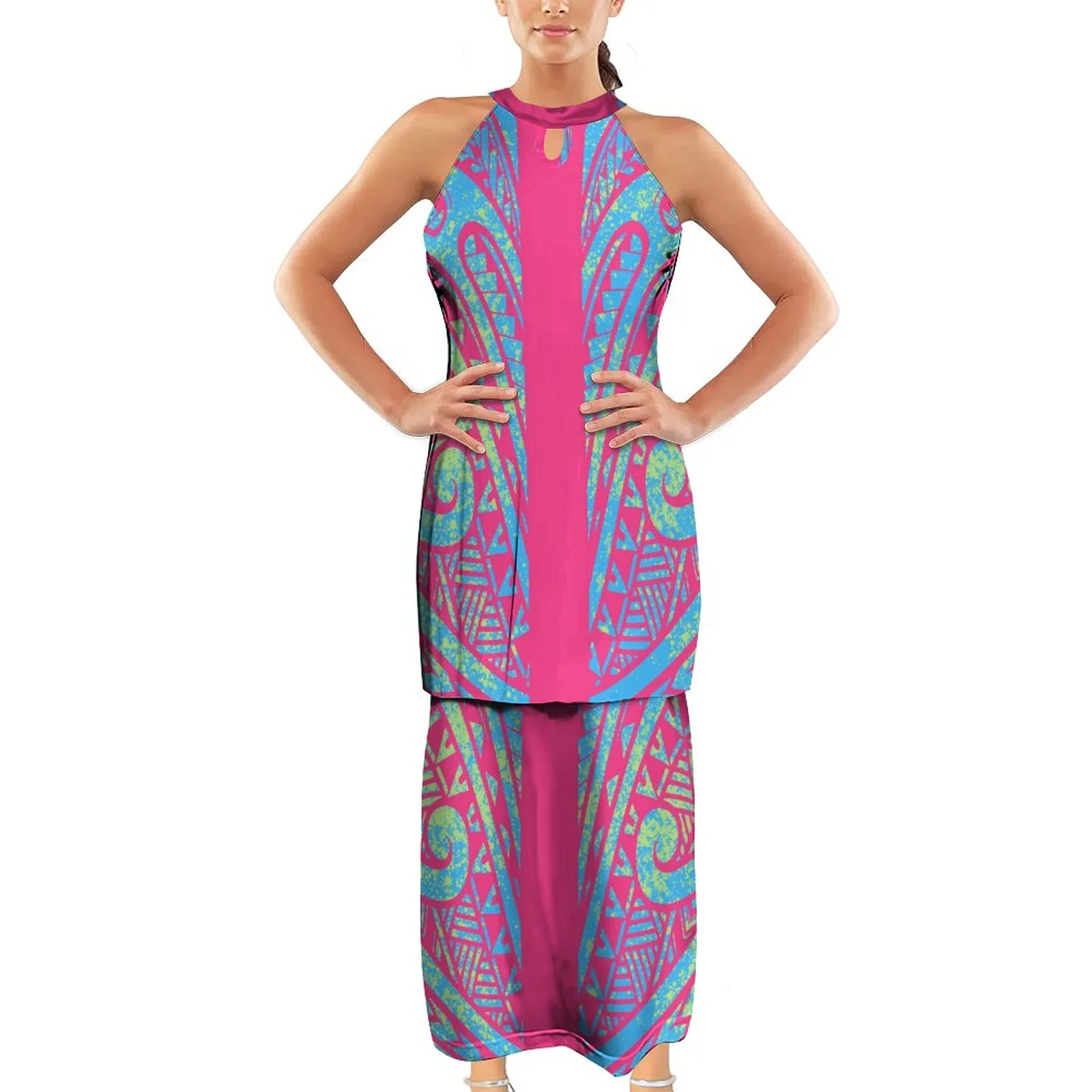 MORNWORLD Women's 2-Piece Puletasi Dress Set - Polynesian Island Style T-Shirt & Skirt
