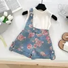Blue printed one-shoulder denim overalls two-piece set