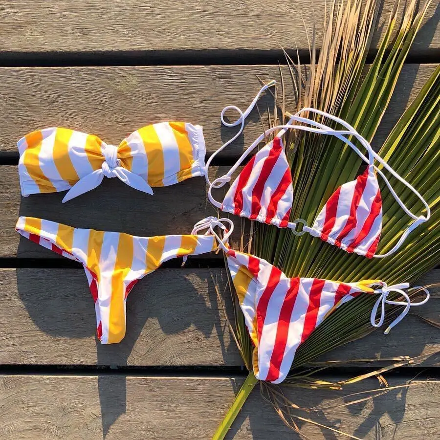 new small fresh stripe print bikini swimsuit ladies split body