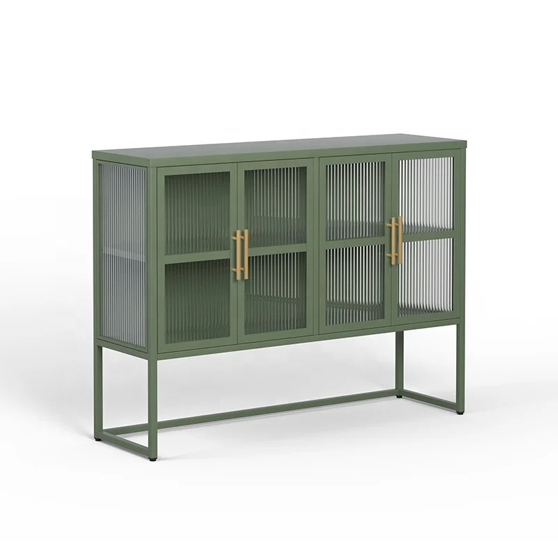 Modern Design 4-Door Wave Glass Display Cabinet Green Color High Quality Home Furniture for Living Room Bedroom Metal Furniture