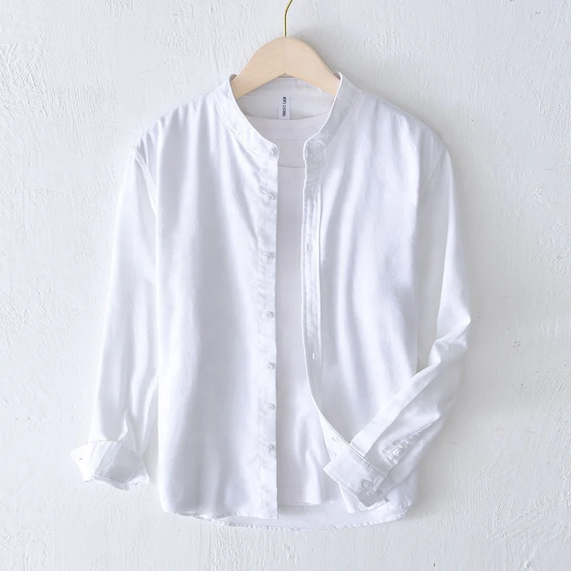 Camicie da uomo in cotone e lino con colletto rialzato primaverile ed estivo, tutte abbinabili, fresche e casual, in tinta unita alla moda252_voghion.com