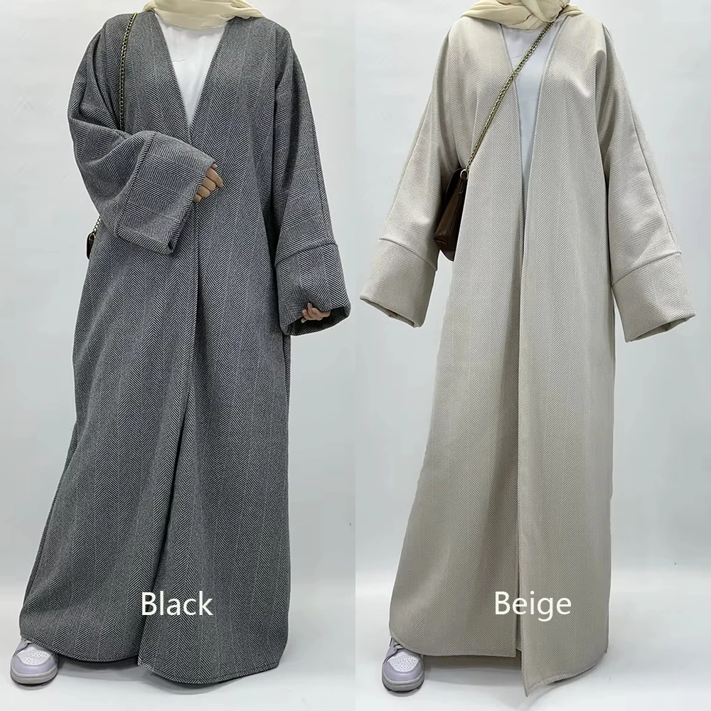 Open Woolen Abaya Modest Coats With Pockets Turkish Muslim Women Dress Ramadan Thick Islamic Clothing Wholesale Winter Abaya
