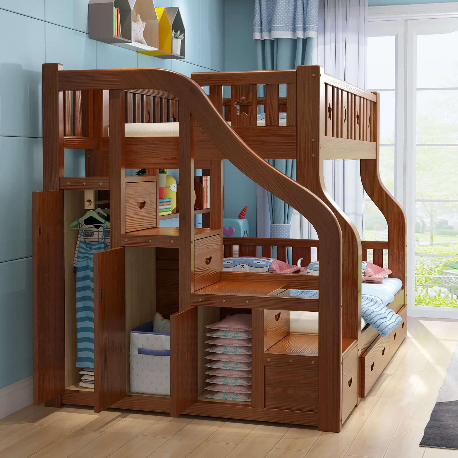 Hot Sale Multifunction Furniture Big Size Beds Wood Bunk Bed With Storage