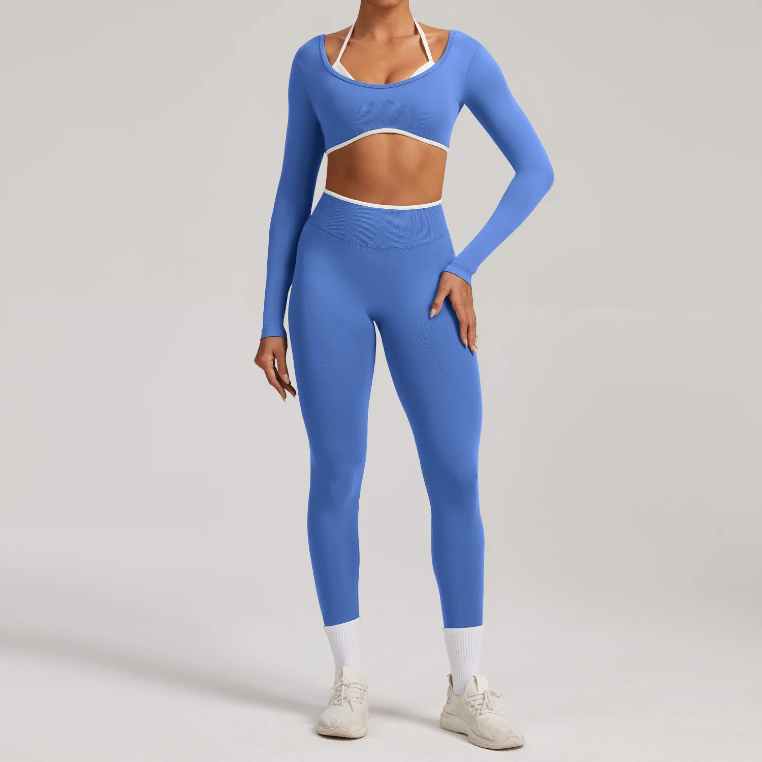 Seamless Tight-Fitting Solid Yoga Shorts 2-Piece Set Long-Sleeved Fitness Clothing Quick preview