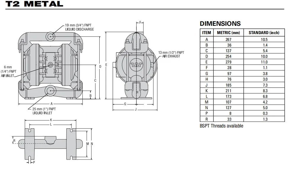 Aluminum Wilden Air Operated Double Diaphragm Pump T2 with Neoprene Diaphragm and Valve Ball 1 Inch pump details