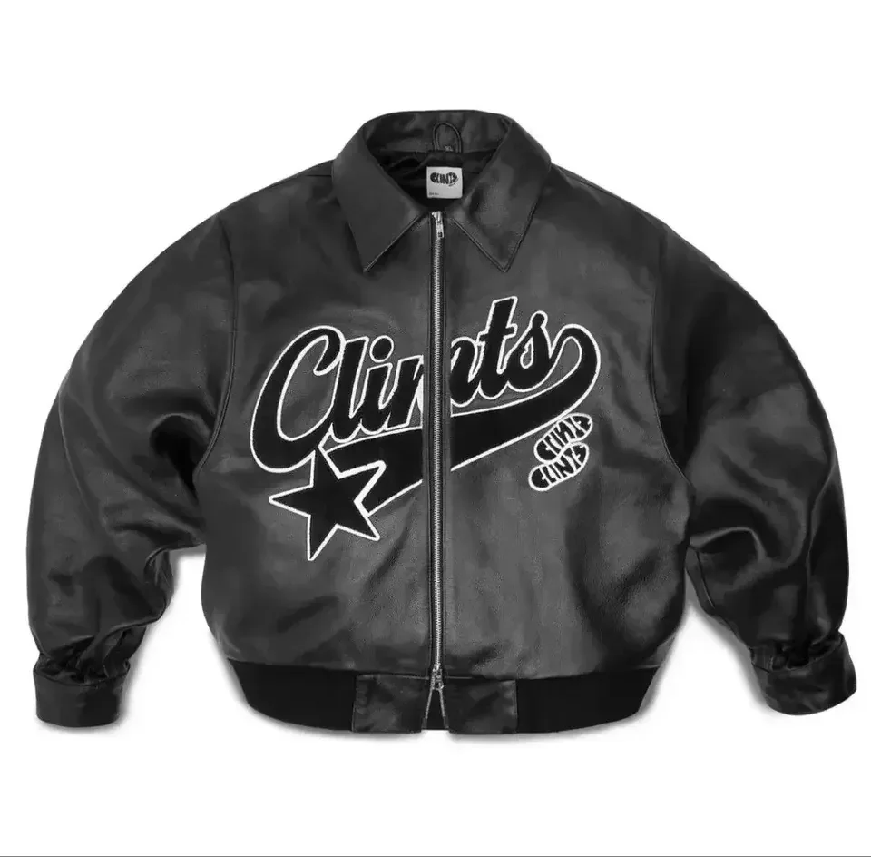 Streetwear Custom Chenille Embroidery Logo Pu Leather Motorcycle Jacket Hiphop Genuine Leather Sleeves Varsity Bomber Jacket Men