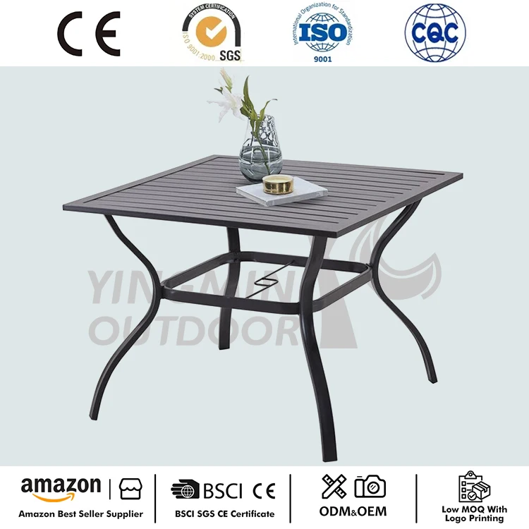 Slat Patio Dining Table Square Backyard Bistro Table Outdoor Furniture Garden Table Metal Steel