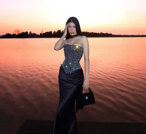 STOCK Two Colors Trendy Women's Two Pieces Set Diamond Tank Top and Skirt Set Bodycon Evening Set XS-L