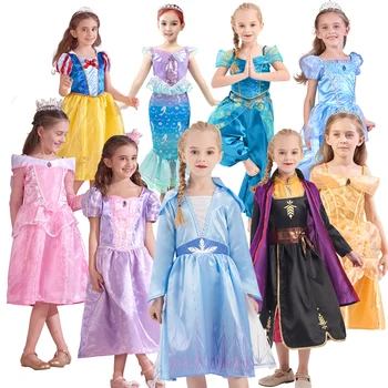 Girls' Dresses Long Sleeves Disney princes white Elsa Anna Ariel Cosplay