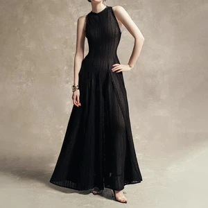 ZYHT 70117 Women Black Sleeveless a Line Pleated Club Party Long Dress Flowy Ladies Elegant Lace Summer Elegant Maxi Dress
