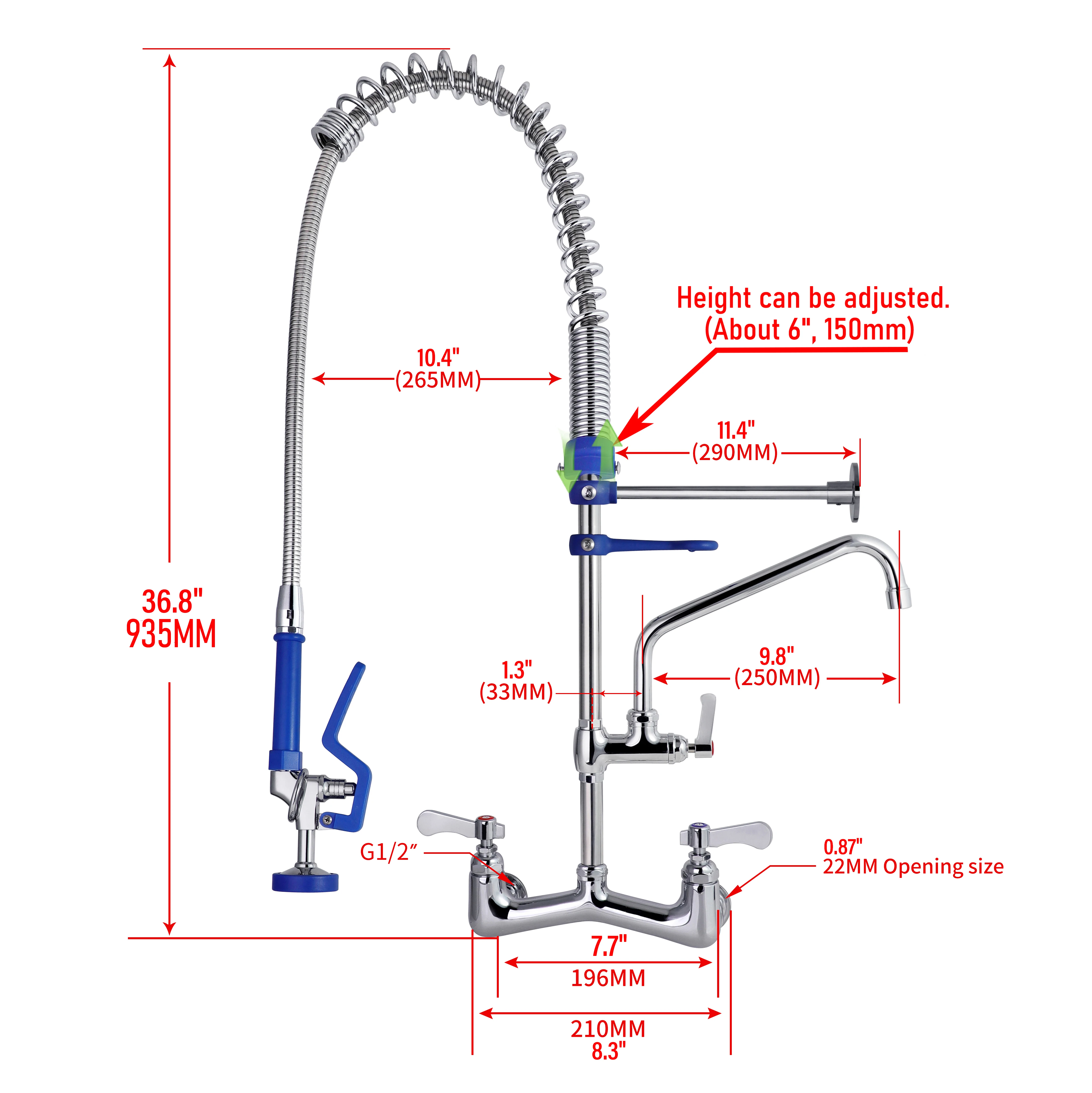 Commercial Kitchen 304 Stainless Steel Pre-Rinse Faucet Taps 2-Hole Industrial Flexible Sprayer Wall Mixer Brass 2-Hole details