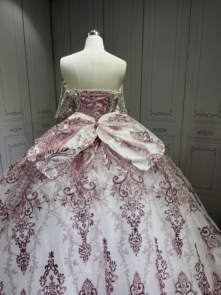 white and rose gold quinceanera dresses Sequin and Glitter Embellished Sweetheart Quinceanera Dress GLGL1973 main image 0