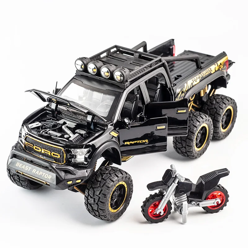 Source     Ford Raptor F1  de fundición modelo de coche de juguete para niños  2cm atrás 6x6 grandes ruedas off-road de camión de metal con sonido/luz on