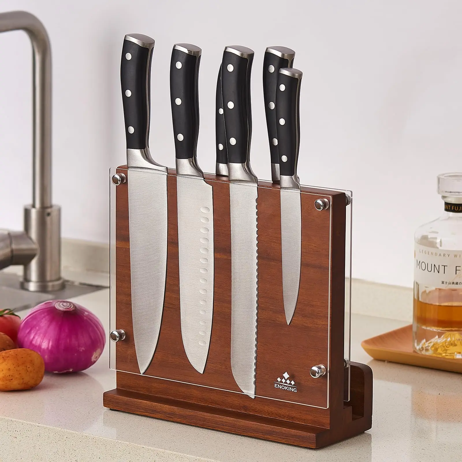 Magnetic Knife Block with Acrylic Shield, Double Side Kitchen Knife Holder Without Knives- Acacia Wood Universal Storage