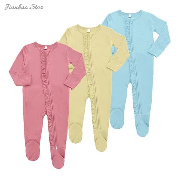 Fall Winter Ribbed Baby Clothes Sleep suits Front Zip Butts Ruffle Newborn Girls Layette Footie Rompers jumpsuit