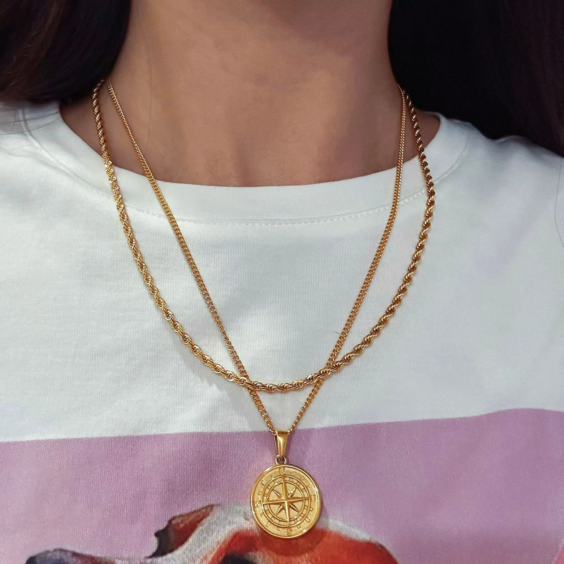 OEM ODM Factory Custom Layered Necklace Set Stainless Steel 18k Gold Plated Mens Matte Brushed Coin Compass Pendant Necklace