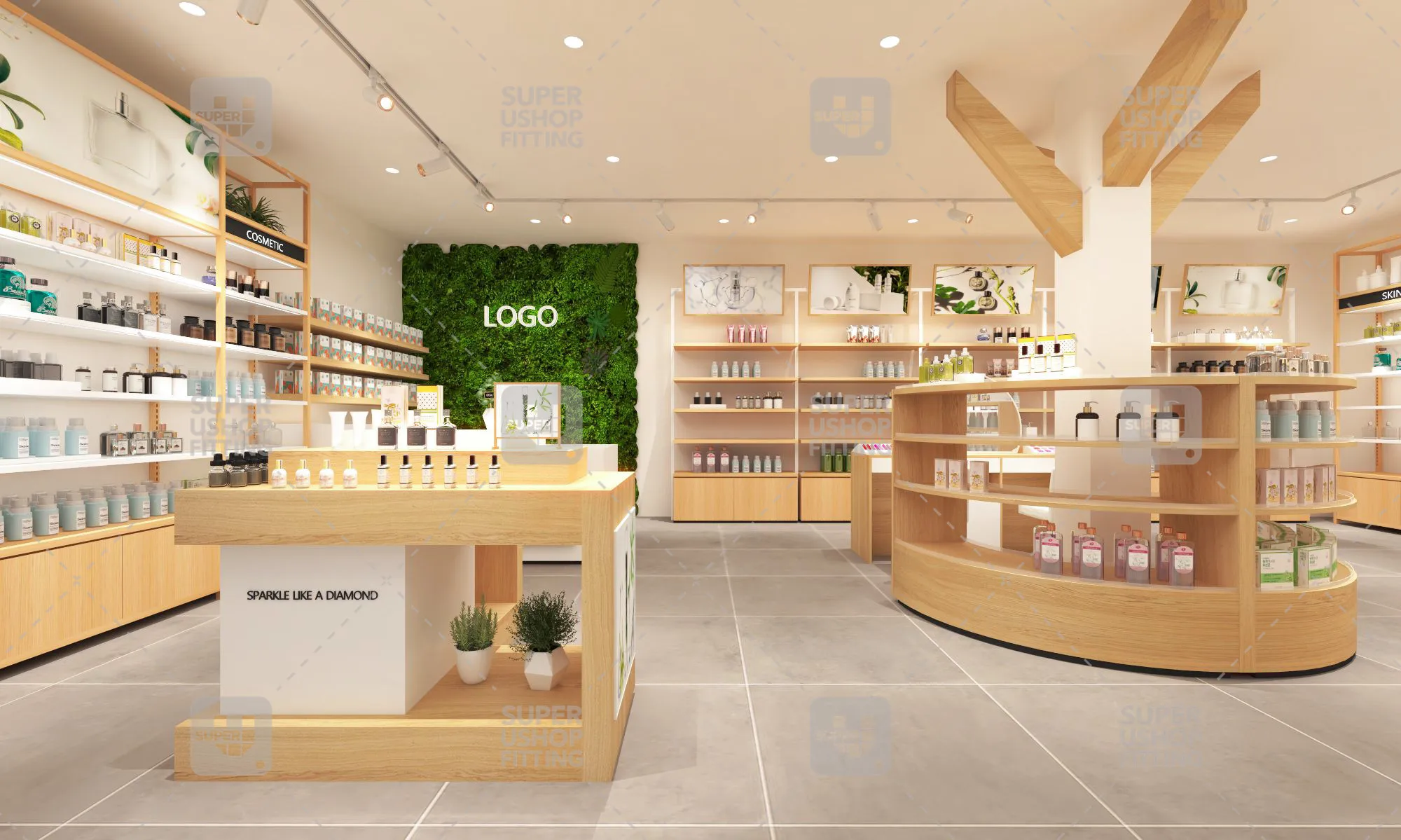 Custom Retail Skincare Display Showcase Customized Makeup Shop Interior Design Wooden Cosmetic Display Shelves