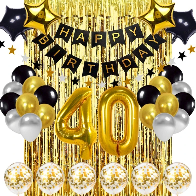40 años cumpleaños banner feliz cumpleaños globo negro y oro número foil  globos suministros de fiesta decoración