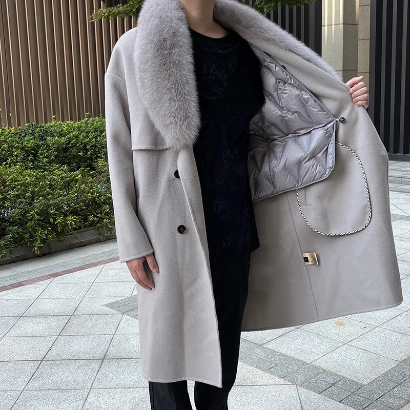 Winter Long Wool Trench Coat Fashion Detachable Fox Fur Collar Cashmere Coat For Men