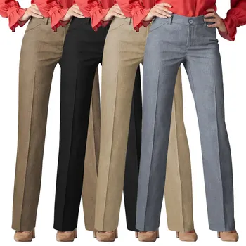 Formal Office Ladies Solid Color Straight Leg Suit Trousers Elegant High Waist Long Pants For Work