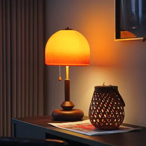 Walnut Color American Creative Desk Light Bedside Decorative Glass Shade Retro Wooden Table Lamp