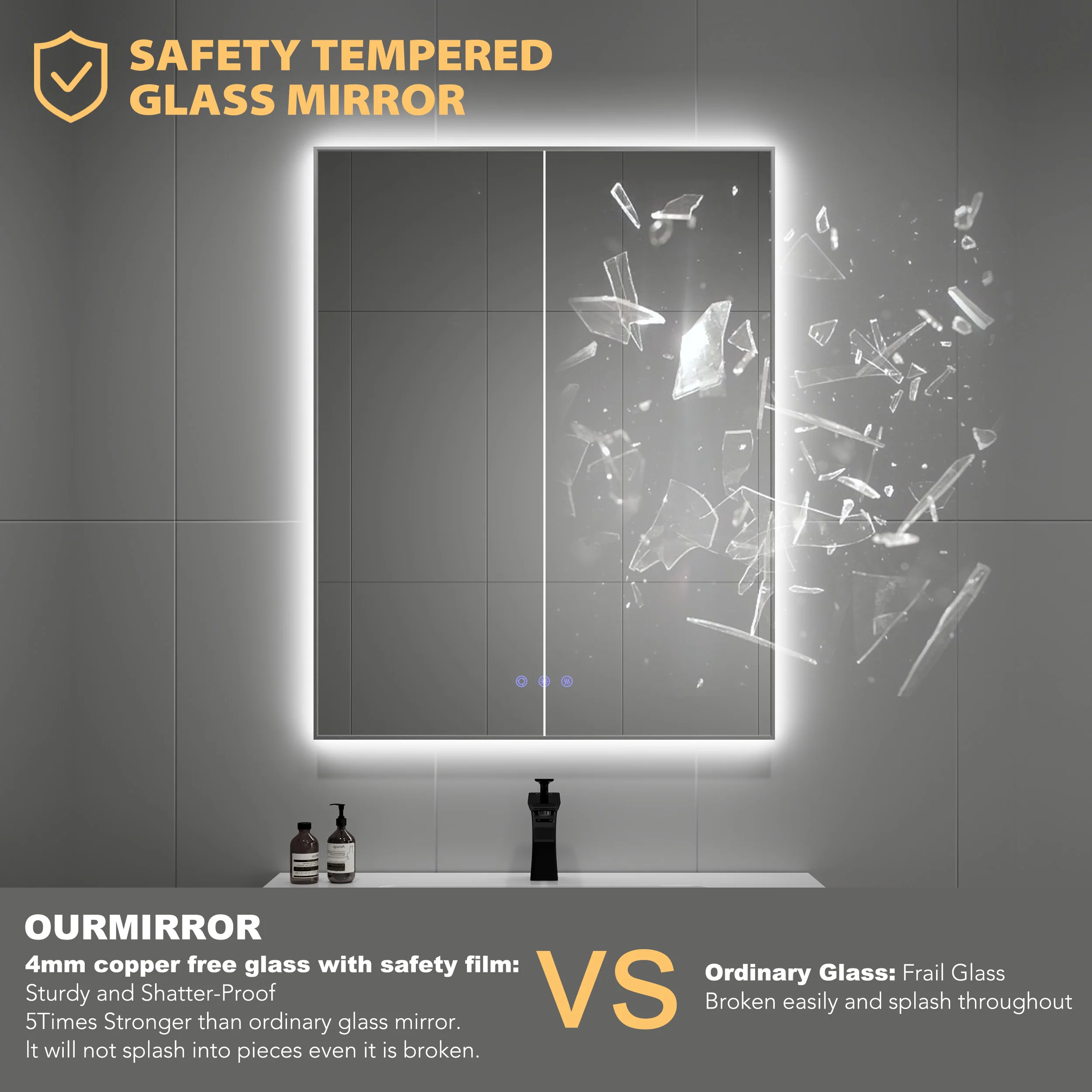 Custom 3 Lighting Colors Modern Anti Fog Smart With Touch Screen Framed 3500k/4000k/6500k Adjustable Bathroom Mirror With Light