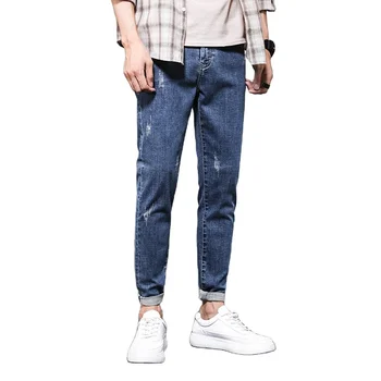 Mens Slim Casual Blue Denim Pencil Pants Street Hip-Hop Denim Trousers Fashion Korean Version Cowboy Clothing Men