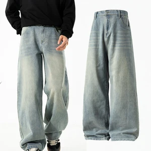 Custom Loose Fit Authentic Vintage Washed Denim Men's Autumn New Straight Leg Pants Relaxed Fit Long Pants