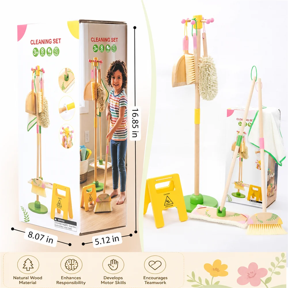 set Pembersihan Kayu untuk Anak 8 Buah — Set Mainan Berpura-pura Membersihkan Rumah untuk Balita, dilengkapi Sapu, Pel, Ember Debu, Sikat, dan Alat Penghapus Debu
