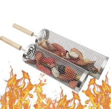 BBQ Net Tube Rolling Grilling Basket Ever, Stainless Steel Wire Mesh Cylinder Grill Basket