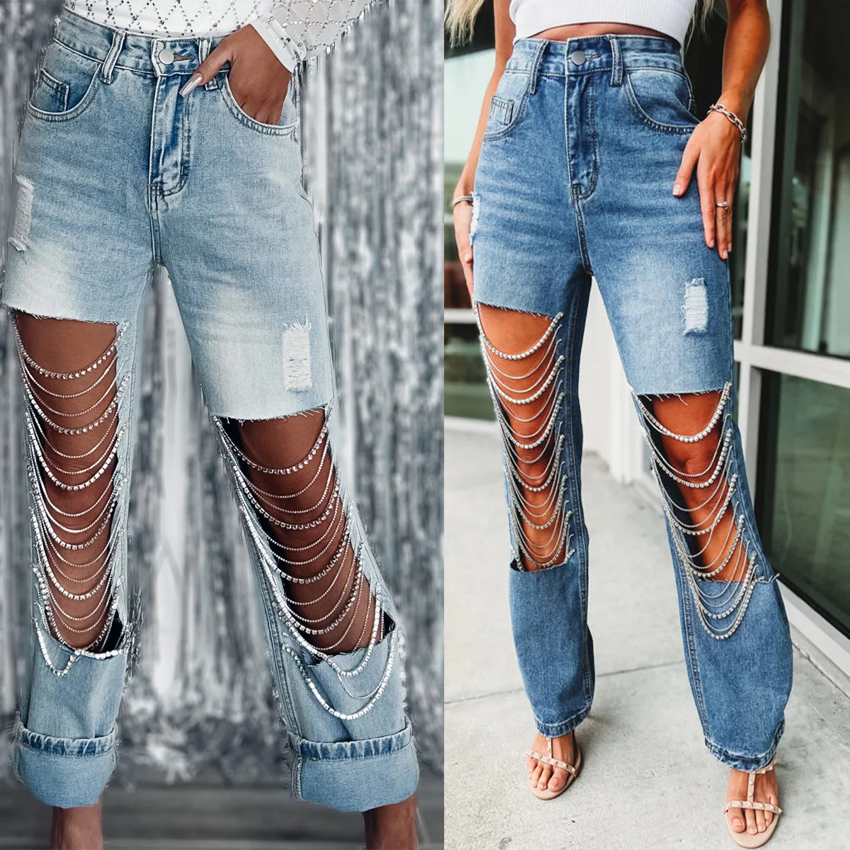 Fall Straight Jeans Women Holes Diamond Rhinestones Chains High Waist Fashion Streetwear Tassel Women Denim Pants Jeans