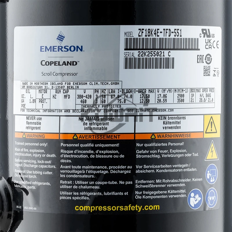 Low Temperature Copeland ZF18K4E Refrigeration Compressor - 6 HP