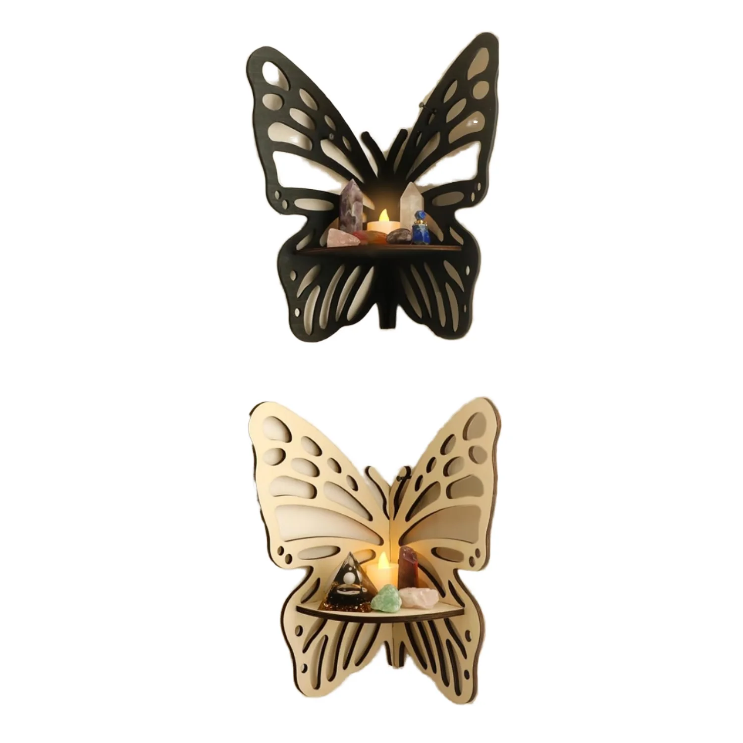 Ecológicos Estantes Flotantes con Mariposas Estilo Boho Artesanía en Madera Estética de Bruja Colgantes para Pared Cristales Piedra para Decoración del Hogar Regalo