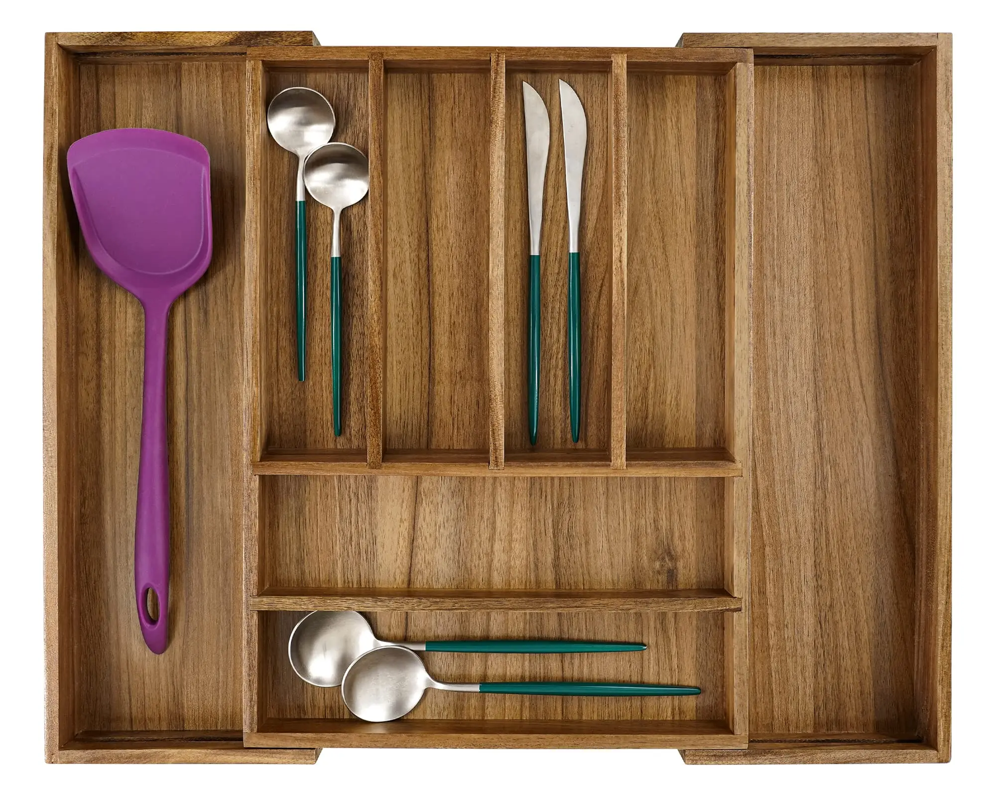 Adjustable Wooden Cutlery Drawer Storage Box Expandable Square Lacquer Finish Utensil Organizer for Kitchen Tableware