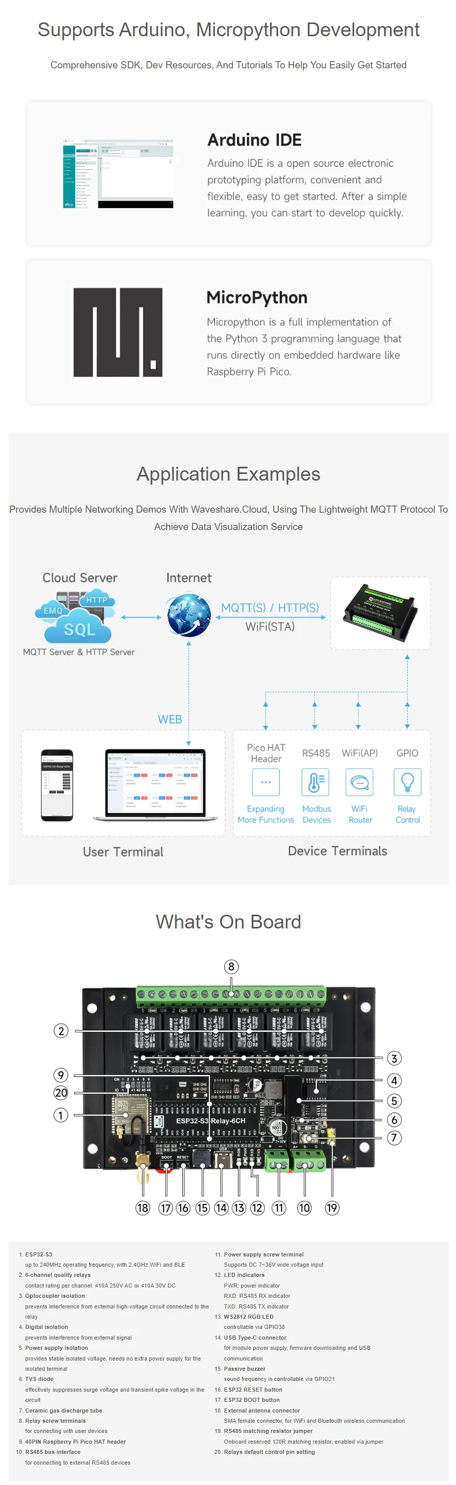 6ch Relay ESP32-S3-릴레이-6CH 산업용 6채널 ESP32-S3 WiFi 릴레이 모듈 (WiFi/BLE/RS485 제어 지원 ...