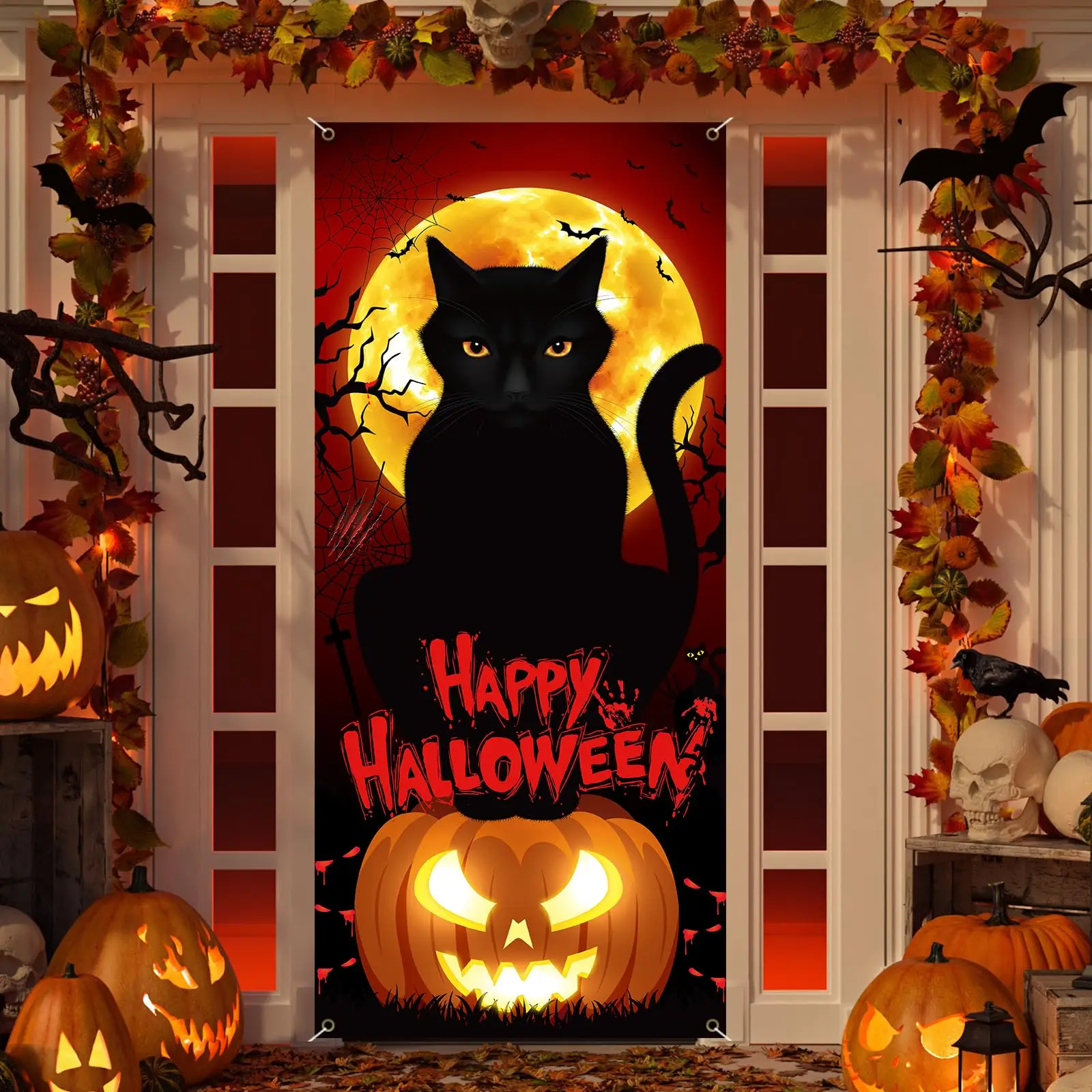 Couronne de chat Lune Halloween | Couronne d'Halloween pour la porte d' entrée - Couronne de chat de lune - Décoration d'horreur pour la porte d' entrée - Halloween - Décoration de maison