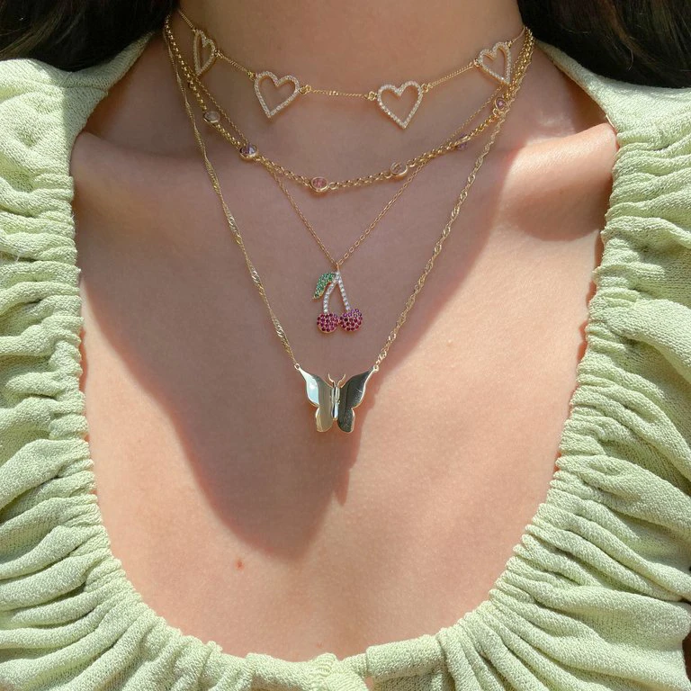 Promotion Gold Plated Colorful CZ Paved Multi Heart Love Charm Choker Necklace Women Lady Wedding Necklaces Valentines Day Gift