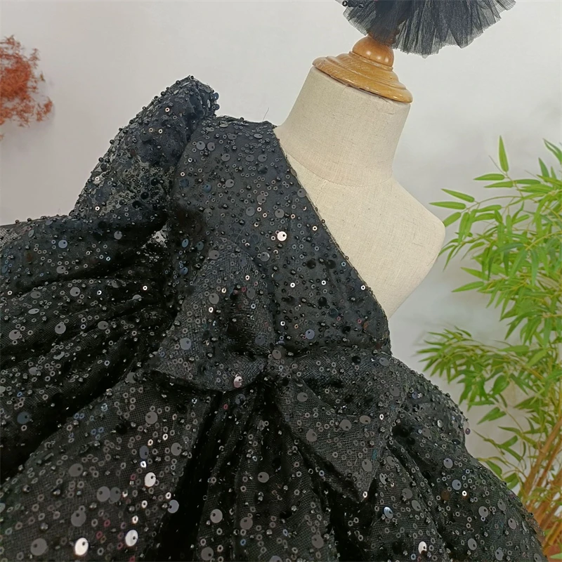 Kids Black Ball Gown One Shoulder Long Sleeve Sequin Dress