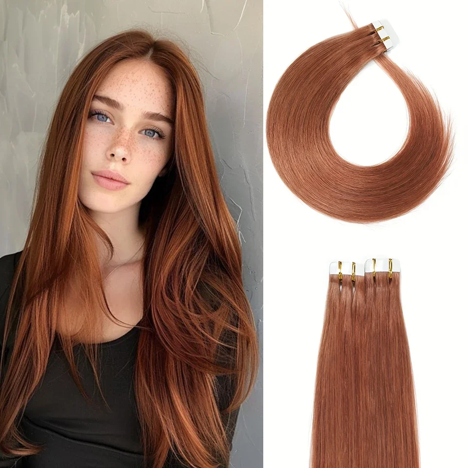 Rotbraune Tape-In-Extensions aus Remy-Menschenhaar für Erwachsene, glatt, langanhaltend, selbstklebend_voghion.com