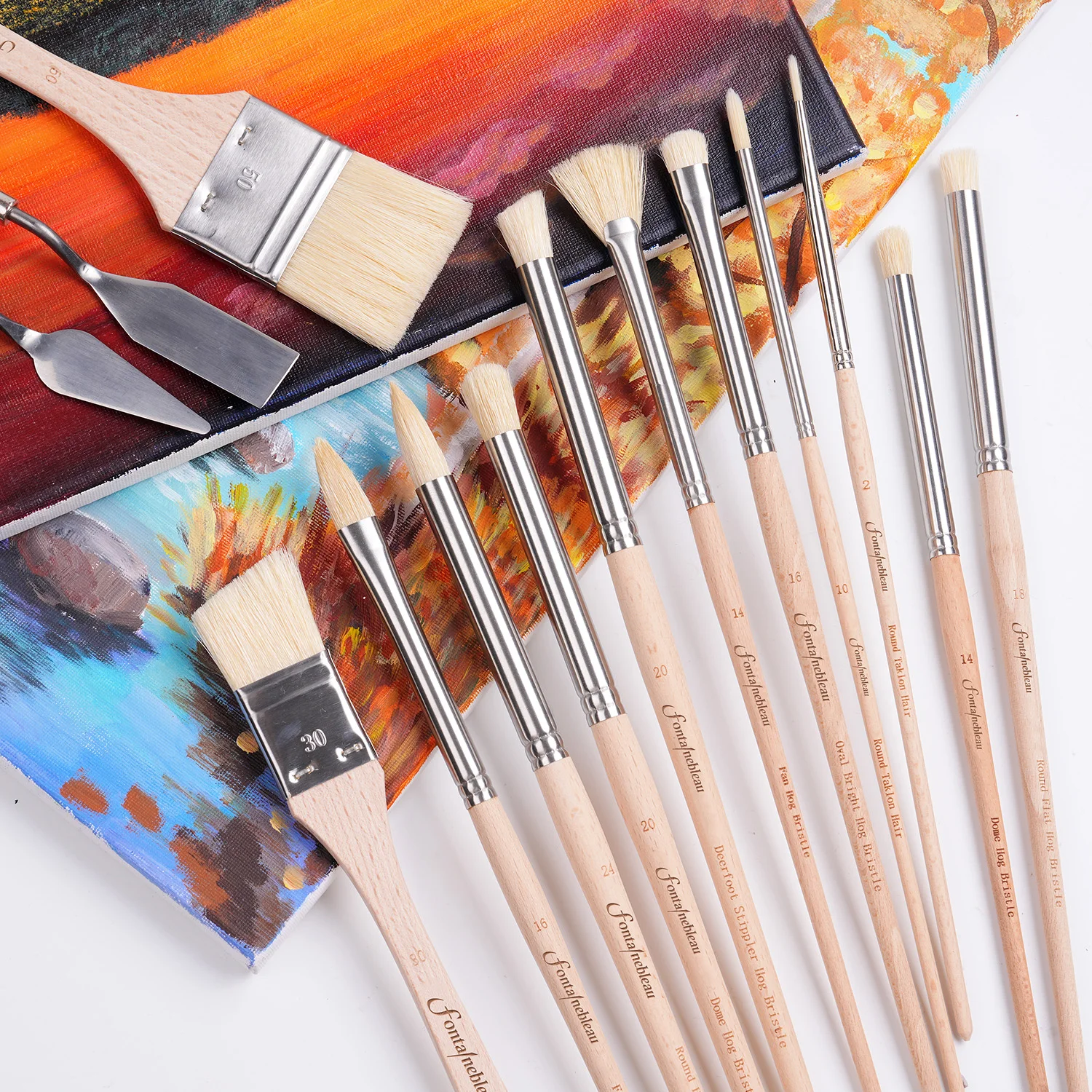 Fontainebleau New Arrival 24pcs Oil Brush Set Hog Bristle Wooden Handle Artist Paint Brush for Acrylic Oil Paiting