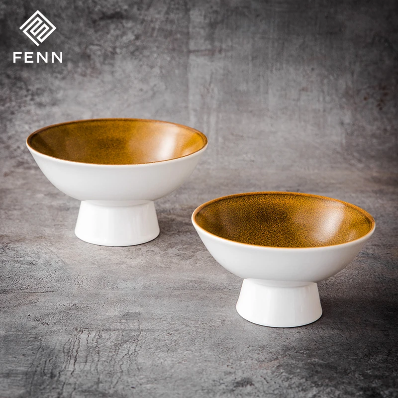 FENN Unique High Foot Decorative Ceramic Fruit Display Bowl Reactive Glaze Salad Dessert Ice Cream Bowls Ceramic Bowls