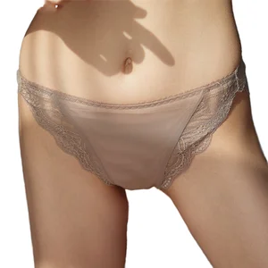 Women Romantic Silk Bikini Panties Low-Rise Lace Transparent Breathable Customizable Intimate Underwear