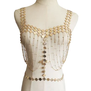 Unisex Classic Gold Body Chain with Flower Connector Brass Bikini Jewelry for Wedding Party or Engagement for Gift