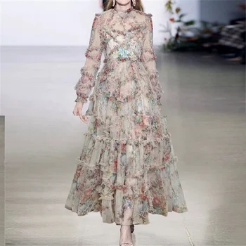 Women's Long Sleeve Floral Print Maxi Dress for Spring/Summer Events