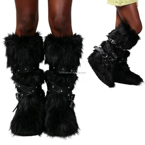 BUSY GIRL HS9282 Faux Fur Boots for Women Custom Design Boots Black Knee-High Furry Boots with Rivets Warm Boots for Women 2026