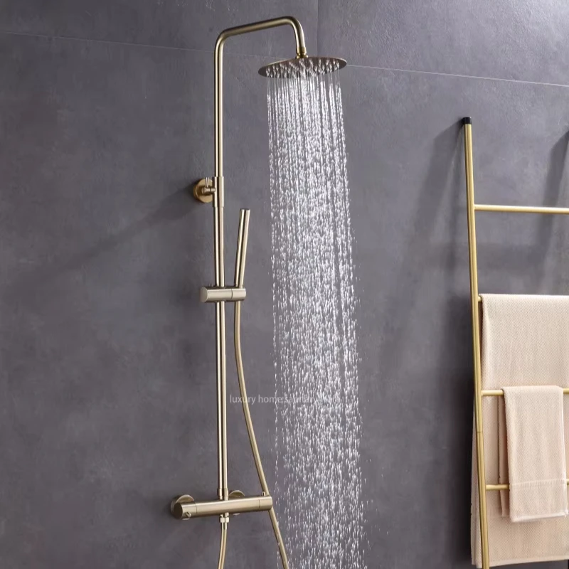 Modern Home Fashion Wind Round Stick Constant Temperature Small Round Stick Hand-painted Brushed Gold Full Shower Set.